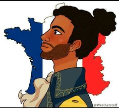 a drawing of a man with a beard in front of the map of france and flag