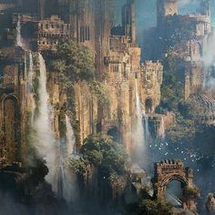 an artistic painting of a castle surrounded by waterfalls