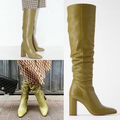 Zara High Leg Over The Knee Leather Block Heel Boots In Khaki Sage - Size 36 = 6 - 9.5” Insole - Pointed Toe - Tall Shaft - Wide Lined Heel - Upper: 100% Cow Leather - Lining: 85% Polyurethane - 15% Polyester - Sole - 100% Vulcanized Rubber - Insole: 100% Goat Leather Airfit. Flexible Technical Sole Made Of Latex Foam Designed To Offer Increased Comfort. Heel Height 3.5 Inches (9 Cm) Shaft Width 7.2 Inches (18.2 Cm) Join Life Care For Planet: Leather Tanned Using The Most Sustainable Methods. Th Black Thigh High Boots, Zara Boots, Zara Heels, Knee High Heels, Velvet Boots, Lug Sole Boots, High Heel Boots Knee, Zara Leather, Suede Boots Knee High