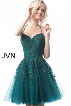 Jovani JVN2298 Strapless sweetheart neckline fit and flare homecoming dress with lace appliques cascading down from the fitted bodice and open back short Fit & Flare cocktail homecoming dress JVN 2298 Available Colors: Black, Dusty Rose, Green Available Sizes: 00-24 Halter Homecoming Dress, Cocktail Dress Style, Backless Cocktail Dress, Fit And Flare Cocktail Dress, School Dance Dresses, Halter Prom Dresses, Jovani Dresses, Perfect Prom Dress, Lace Homecoming Dresses