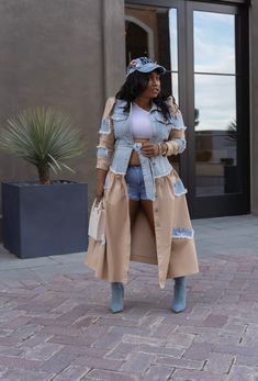 Stay one step ahead of the trend with our Denim Contrast Trench. Crafted from a mix of denim and khaki, this classic trench brings an elevated look to any wardrobe. Complete with tailored fit, button closure, side pockets and a denim belt, this stylish trench can be dressed up or down for any occasion. Tailored fit Runs small. Order a size up for a better fit. Model is a size medium wearing a medium (Can also be worn open as shown) Fringe Pants, Vegan Leather Leggings, Denim Belt, Candy Girl, Sweetheart Dress, Curvy Girl Fashion, Leather Leggings, African Fashion, Vegan Leather