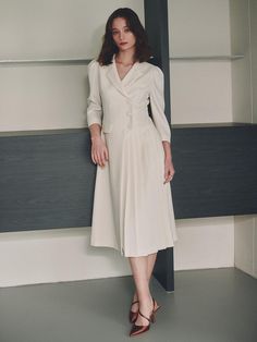 Composition : Shell Polyester 100 Lining Polyester 100Color : IVORY_55,IVORY_66,NAVY_55,NAVY_66,PURPLE_55,PURPLE_66Country of Origin : KOREA Chic White A-line Pleated Dress, Feminine Off-white A-line Midi Dress, Elegant Midi Dress With V-neck And Box Pleat, White V-neck Midi Dress With Button Closure, Luxury White A-line Shirt Dress, Linen Wedding Dress, Jumpsuit Dress, Jumpsuit, Dress Outfits