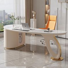 an office desk with a laptop on it in front of a large window overlooking the city