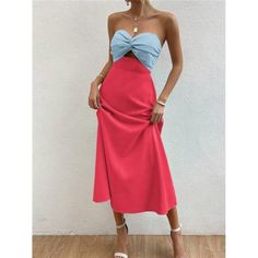 -Item Id 15192293 -Color: Blue -Style: Casual -Pattern Type: Colorblock -Details: Twist, Zipper, Bow Front -Neckline: Strapless -Sleeve Length: Sleeveless -Type: A Line -Waist Line: High Waist -Hem Shaped: Flared -Length: Long -Fit Type: Regular Fit -Fabric: Non-Stretch -Material: Woven Fabric -Composition: 100% Polyester -Care Instructions: Machine Wash Or Professional Dry Clean -Sheer: No **Open To Offers!!!** **Bundle To Save More** **30% Off Bundles Of 2 Or More Items!!** ***Orders Go Out Wi Blue Sleeveless Color Block Maxi Dress, Spring Party Color Block Maxi Dress, Spring Party Color Block Midi Dress, Chic Color Block Dresses For Day Out, Color Block Midi Dress For Party, Chic Midi Length Color Block Dress, Chic Pink Color Block Midi Dress, Blue Color Block Summer Dress, Spring Blue Color Block Midi Dress