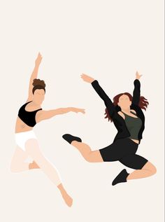 two women are jumping in the air with their arms up and legs spread out,