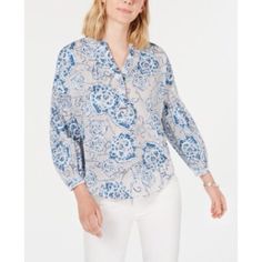 Tommy Hilfiger Printed Blouson-Sleeve Top, All Over Amalfi Burnout- White/Breeze, New With Tag Msrp $89.50 Floral Print Tommy Hilfiger Blouson Sleeve Top; With Gathers At Arms; Cuffed Sleeves With Button Closure; Y Neckline With Button Closure; Signature Tommy Hilfiger Stripe Located At Front Chest. 55% Cotton 45% Polyester Hand Wash Cold Approximate Measurements Laid Flat - Shoulder To Hem 26” - Armpit To Armpit 23” - Sleeve Length 16” Comes With Extra Button 26 Tommy Hilfiger Shirt Blue Cotton Blouse With Blouson Sleeves, Spring Blue Blouse With Blouson Sleeves, Blue Relaxed Fit Top With Blouson Sleeves, Tommy Hilfiger Long Sleeve Tops For Spring, Blue Blouson Sleeve Tops For Daywear, Blue Tops With Blouson Sleeves For Daywear, Blue Top With Blouson Sleeves For Daywear, Spring Blue Tops With Blouson Sleeves, Tommy Hilfiger Casual Spring Blouse