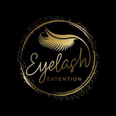 the logo for an eyelashe extension company, with gold glitter on black background