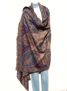 Kashmir Himalayan Yak/Sheep Wool Blend Shawl/Throw/Wrap Handloomed/Handcrafted by Artisans Detailed Design of Tribal Patterns  Himalayan Yak & "Bheda" Sheep Wool Blend Tight Weave  Handloomed in India Tassels or Fringe at Both Ends Paisley Design and Pattern !!!…Ideal Unique Handcrafted gift for you, family, your friends and co-workers…!!! Hand loomed in Tibet, Nepal or India each piece is handcrafted by a tribal family pattern. This piece is reversible. The pictures show the main view and other Multicolor Pashmina Shawl, Multicolor Pashmina Shawl Dupatta, Bohemian Brown Shawl Dupatta, Multicolor Pashmina Shawl Scarf, Multicolor Pashmina Shawl In Bohemian Style, Purple Silk Shawl Scarf, Brown Shawl Dupatta, Brown Bohemian Pashmina Dupatta, Brown Bohemian Silk Shawl Scarf