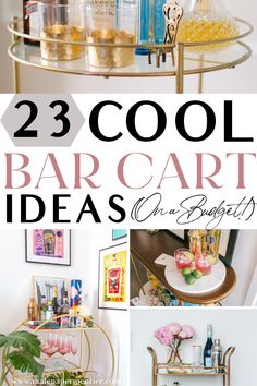 the collage shows different types of bar carts and shelves with drinks on them, including two