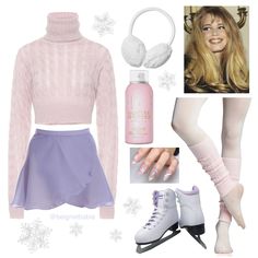 a woman in pink sweater and purple skirt with ice skates next to coffee cup