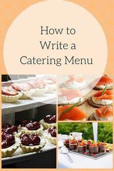 a series of photos with different types of food on it and the words how to write catering menu