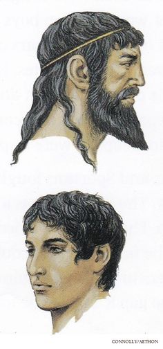 two drawings of men's heads with long hair and beards, one wearing a headband