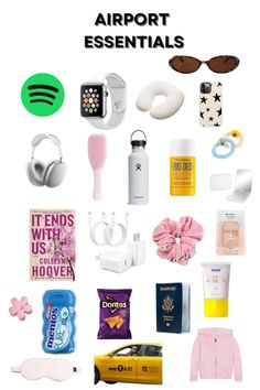 various items are arranged in the shape of a collage with text that reads airport essentials