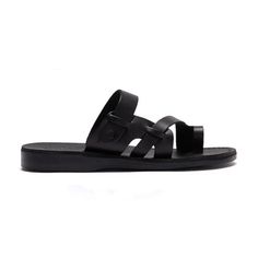 Jabin black, handmade leather slide sandals with toe loop - Top View Black Leather Toe Ring Sandals With Single Strap, Black Leather Toe Loop Ring Sandals, Black Toe Ring Sandals With Leather Footbed, Black Leather Footbed Toe Ring Sandals, Black Open Toe Sandals With Leather Footbed, Modern Black Toe Loop Sandals, Toe Ring Sandals With Leather Footbed For Vacation, Beach Toe Loop Sandals With Leather Footbed, Black Mules With Single Toe Strap