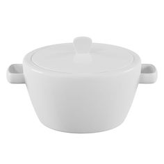 a large white bowl with a lid and handles on the side, sitting in front of a white background