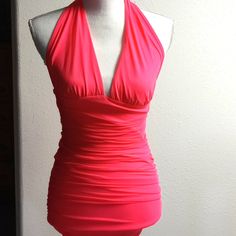 Cute Guess Hot Pink Mini Dress, Very Stretchy, Ruched Throughout, Halter Type, Backless, Mesh Material, Fully Lined. In Perfect Condition Brand New Never Wore. I Am Not A New Because It's Never Been Worn New Without Tags Summer Stretch Mini Dress With Ruched Details, Summer Stretch Ruched Mini Dress, Fitted Mini Dress With Ruched Back For Beach, Flirty Fitted V-neck Halter Dress, Summer V-neck Bodycon Dress With Ruched Bodice, Pink Ruched Halter Neck Bodycon Dress, Ruched Fitted Halter Dress For Beach, Fitted Ruched Halter Dress For Beach, Date Night Stretch Ruched Halter Dress