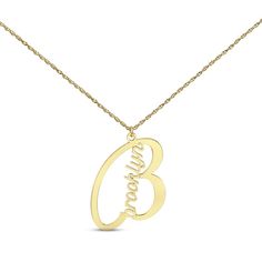 Perfectly personalized, this necklace makes an ideal gift and keepsake. The name is spelled out in graceful script inside an open silhouette of its first initial and crafted in 14K yellow gold. The adjustable 16-inch rope chain has a 2-inch extender and secures with a spring ring clasp. Customization is limited to 1 initial and a maximum of 8 letters. Gold Signature Jewelry With Initials, Signature Jewelry With Initials For Personalized Gift, Yellow Gold Signature Style Name Necklace As Personalized Gift, Signature 14k Gold Jewelry With Initials, Signature Initials Jewelry For Personalized Gift, Signature Gold Jewelry With Initials, Signature Personalized Yellow Gold Necklace, Personalized Yellow Gold Necklace With Initials, Personalized Yellow Gold Custom Necklace With Initials