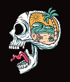 a skull with a beach scene on it's side and palm trees in the background