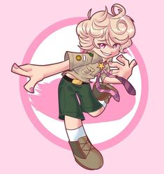 a drawing of a girl with blonde hair and green shorts, holding a pink object in her hand