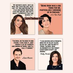 four different cards with the same woman's face and words on them, including one saying