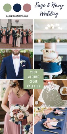 wedding color palettes for the bride and groom in blue, pink, green, white