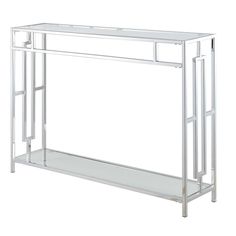 a white console table with glass shelves on the bottom and one shelf below it, against a white background