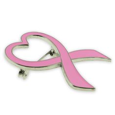 a pink ribbon pin with a heart on it