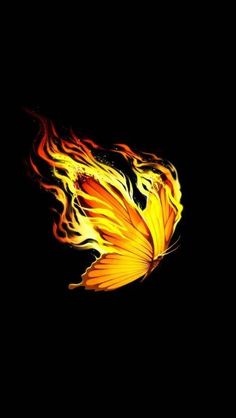 a yellow butterfly flying through the air with fire on it's wings and tail