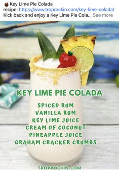 the key lime pie cola is served in a tall glass with garnishes