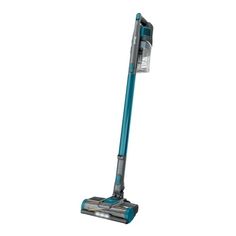 a blue and silver vacuum cleaner on a white background