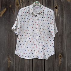 80s-90s Vintage blouses womens  Top Retro Clothing Oversized  White shirt Colorful Polka dots Retro Clothing Oversized  Office Classic Cotton    Clothes for women  White shirt Party  Size XL Plus Size  Short Sleeve Measurement: Shoulders 17 inches/ 43cm Pit to pit 24 inches / 61cm Waist 45inches / 114cm Length 28 inches / 71cm  sleeve 11.5inches/ 29cm Retro Polka Dot Tops For Spring, Casual Polka Dot Collared Blouse, Summer Polka Dot Collared Blouse, Casual Collared Blouse In Polka Dot, Relaxed Fit Cotton Blouse With Polka Dot, Relaxed Fit Cotton Blouse In Polka Dot, Cotton Polka Dot Blouse With Relaxed Fit, Polka Dot Cotton Blouse With Relaxed Fit, Casual Polka Dot Shirt For Summer