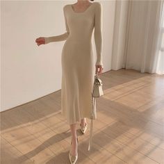 Autumn Winter Elegant Square Neck Long Sleeve Warm Ribbed Knitted Dres – jetechband Long Sleeve Midi Dresses, Knitted Winter Dress, Black Long Sleeve Midi Dress, Woolen Dresses, Midi Dress Fall, Khaki Dress, Sweater Dress Midi, Knitted Dress, 가을 패션