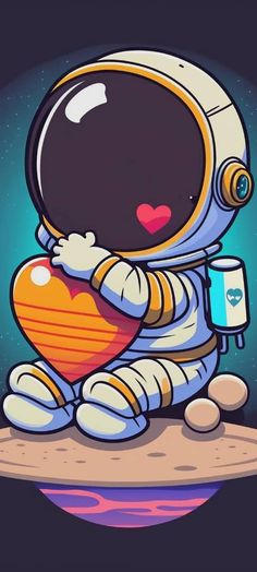 an astronaut holding a heart sitting on top of a table