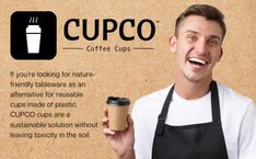 a man holding a cup of coffee in front of a cork board sign that says cupco