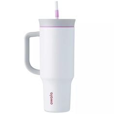 a white travel mug with a straw in the cup and lid is shown against a white background