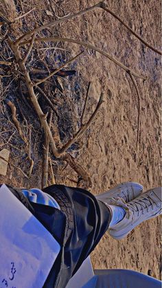 a person standing in the dirt with their feet up on a blue suitcase next to a bare tree