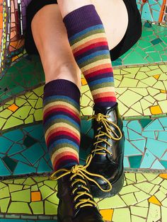 Iris Rainbow Over the Knee Sock – RocknSocks Playful Multicolor Knee-high Socks, Fitted Multicolor Socks For Fall, Knee High Socks Outfit, High Socks Outfits, Striped Knee High Socks, Socks Aesthetic, Rainbow Socks, Striped Flats, Sock Outfits