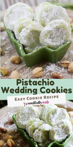 pistachio wedding cookies in a green bowl with almonds and powdered sugar