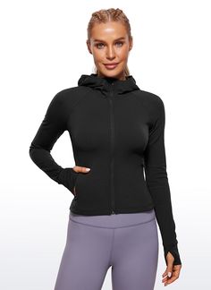 Butterluxe collection features super soft and stretchy high-quality fabric. This full zip-up hooded jacket with thumbholes, zip pockets and underarm gussets, which keeps you warm and comfy. Ideal for low-impact activities or daily wearing. Feature & Fitting: 
 Butterluxe collection 
 Designed for low-impact workouts or daily wear 
 Slim fit, waist length 
 Full zip, side zip pockets 
 Thumb holes, underarm gussets 
 Fabric: 
 Extremely Soft, luxurious comfort and lightweight 
 Ultra stretchy Stretch Winter Hoodie Activewear, Winter Stretch Hoodie Activewear, Winter Workout Activewear With Zipper Closure, Fitted Solid Hooded Jacket With Drawstring, Stretch Hooded Long Sleeve Jacket For Outdoor, Stretch Hooded Jacket For Outdoor With Long Sleeves, Fitted Solid Color Hooded Jacket With Drawstring, Stretch Hooded Jacket With Long Sleeves For Outdoor, Solid Track Jacket With Thumbholes And Stretch