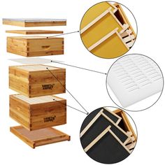 the beehive is made out of wood and has three sections with bees in them