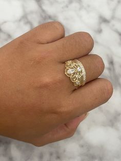 -100% 14k gold  -24/7/365 wearable  -size 7  -sizing upon request  -will not tarnish, nor change color  -let us know any questions  -item sold buy piece. Weight is undetermined Gold Dome Ring With Vvs Clarity For Promise, Luxury 14k Gold Filigree Promise Ring, Luxury Gold Cluster Ring With Round Band, Gold Filigree Promise Ring Stamped 14k, Gold Filigree Ring With Diamond Accents As Gift, Gold 14k Filigree Promise Ring, Gold Filigree Promise Ring In 14k Gold, 14k Gold Filigree Promise Ring, Gold-plated Rings With Intricate Design