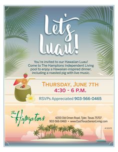 a flyer for the hawaiian luau party with an image of a boat and palm trees