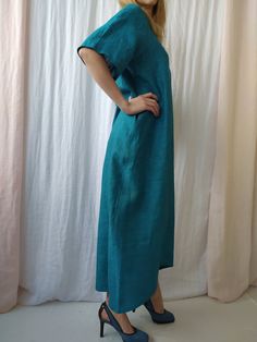 "Linen dress for women, it's elegant, minimalist, and is sure to compliment every occasion, from formal gatherings to outings with friends. Made from 100% European flax, length in front is ± 120 cm(47\"), on back 138 cm(54\") Before placing an order, check the approximate measurements given below. If you are unsure about your size or would like to adjust the length of the item, you could leave your personal measurements (height, bust, waist and hips) in a personalization box. SIZE and FIT Size X V-neck Dresses With Side Pockets And Relaxed Fit, Solid V-neck Dress With Side Pockets, V-neck Dresses With Side Pockets, Bohemian Linen Dress With Relaxed Fit, Bohemian Tunic Dress With Pockets, Bohemian Relaxed Fit Linen Dress, Relaxed Fit Bohemian Linen Dress, Relaxed Fit Unlined Dresses For Loungewear, Relaxed Fit Dress With Side Pockets