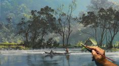 a person holding a paintbrush in front of a painting of people on canoes