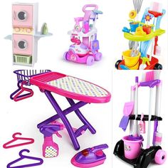 various toys and accessories are shown in this collage, including a toy ironing board