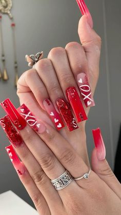 Valentines Day Nails Nail Art, Aquarius Nails Acrylic, Valentines Day Nails With Initials, Y2k Valentines Nails, Valentines Nail Set, Adorable Nails, Vday Nails, Acrylic Toe Nails, Red Acrylic Nails