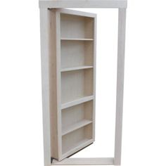 an open white bookcase with shelves on each side and one door opened to reveal another shelf