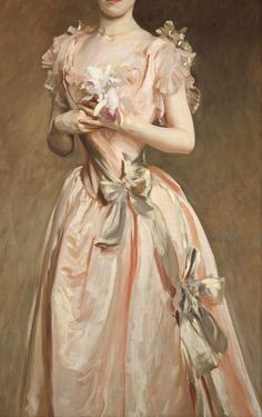 a painting of a woman in a pink dress with flowers on her chest and hands behind her back