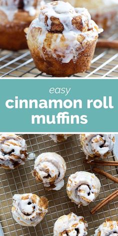 cinnamon roll muffins on a cooling rack with cinnamon sticks