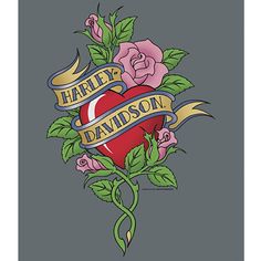 an image of a heart with roses on it and the words harley davidson in gold lettering